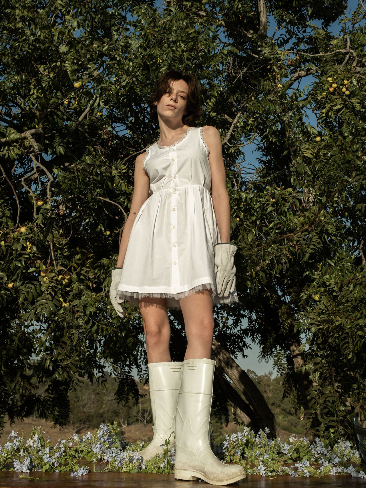 Myus Sleeveless Button Up Dress, cotton and lace, color white