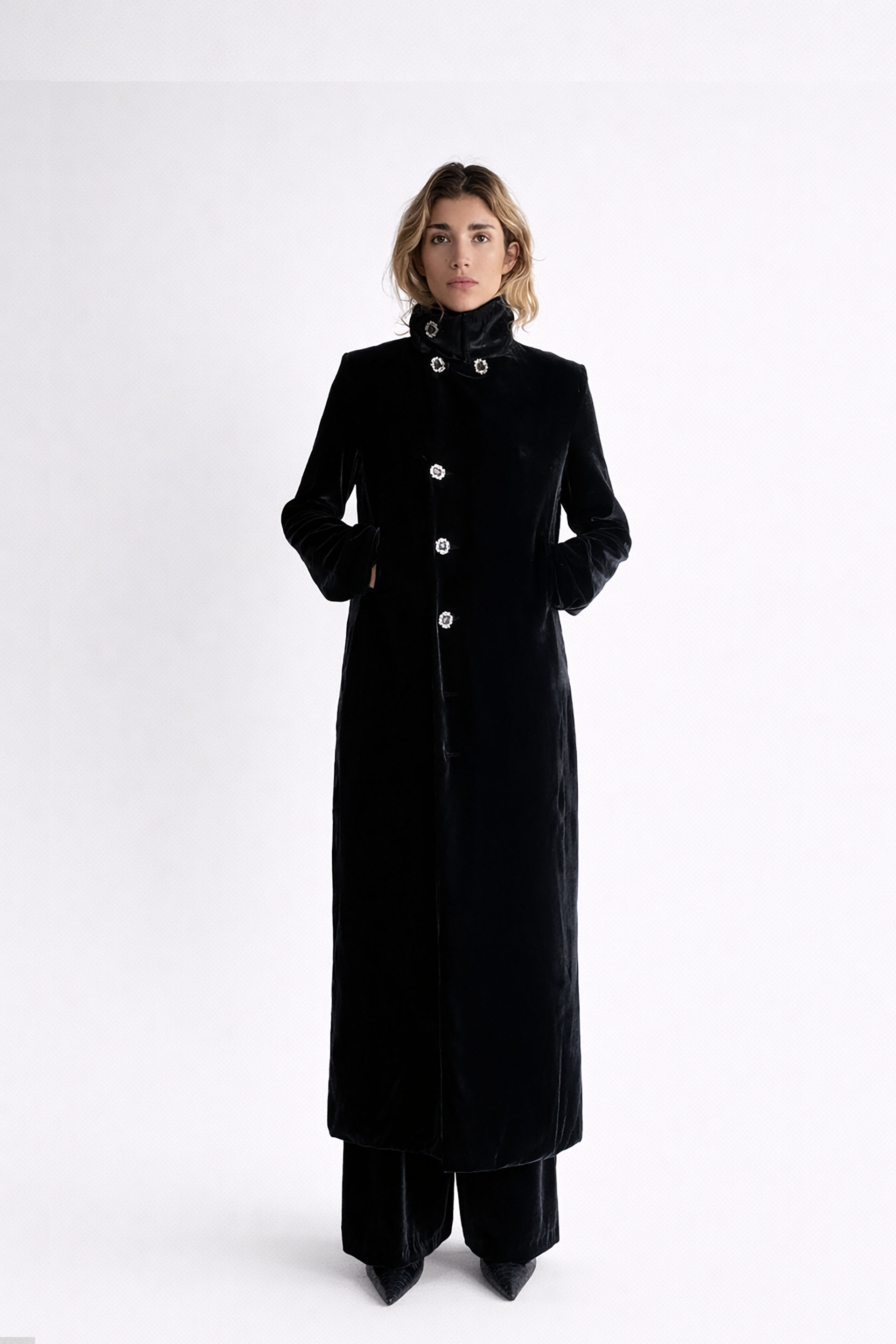 Myus Arden Evening Coat, 100% mulberry silk velvet