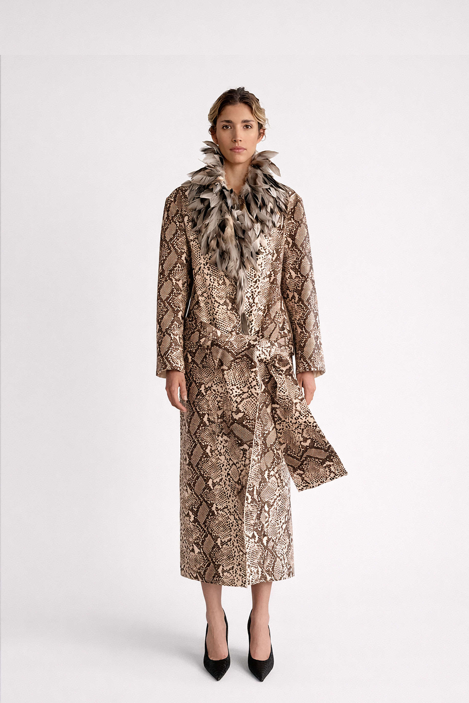 Myus FW26 Python Coat, python embossed calfskin leather handsewn guinea feathers