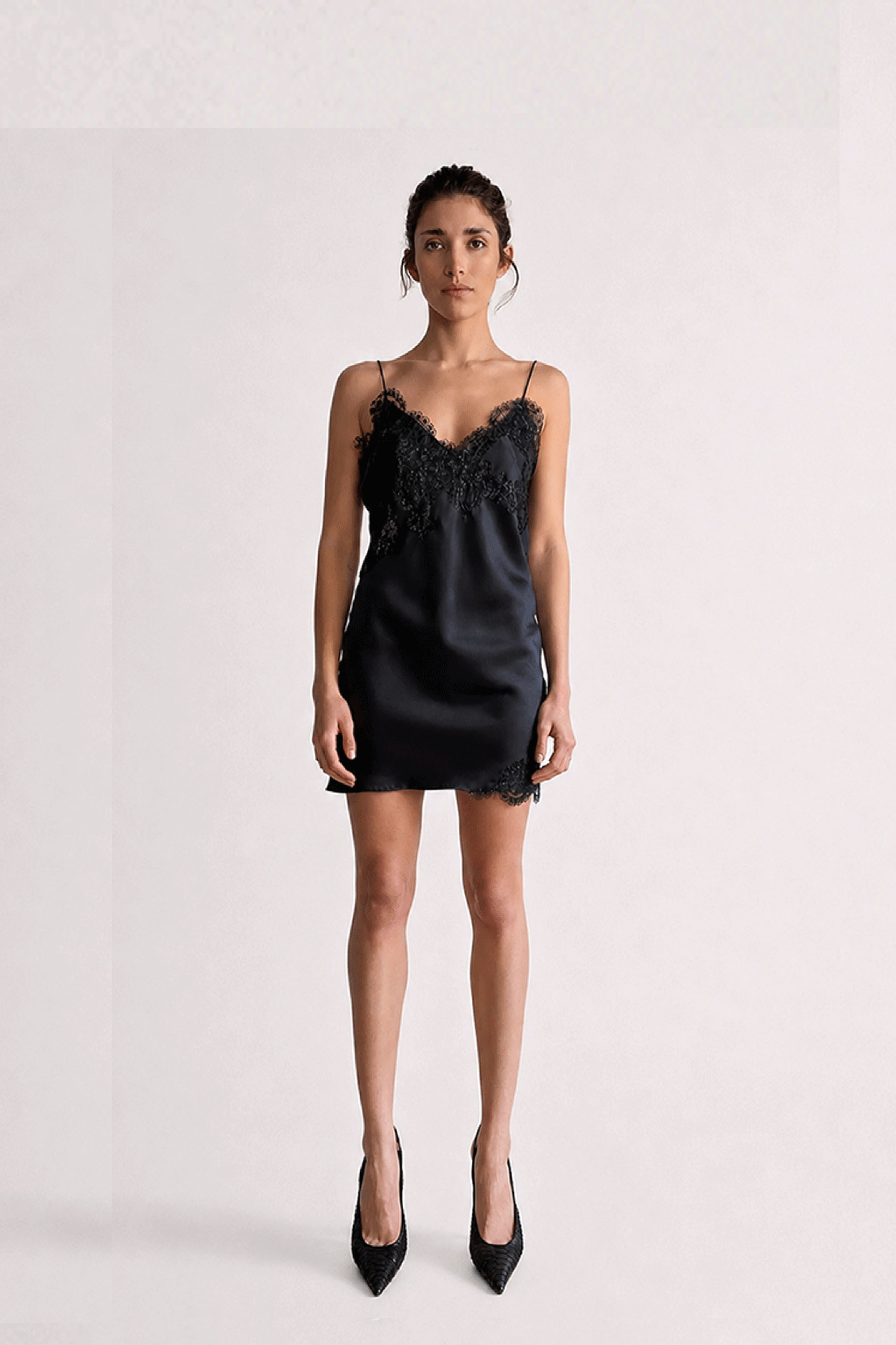 Myus Simone Slip Midi Dress, 100% silk charmeuse, french lace detailing