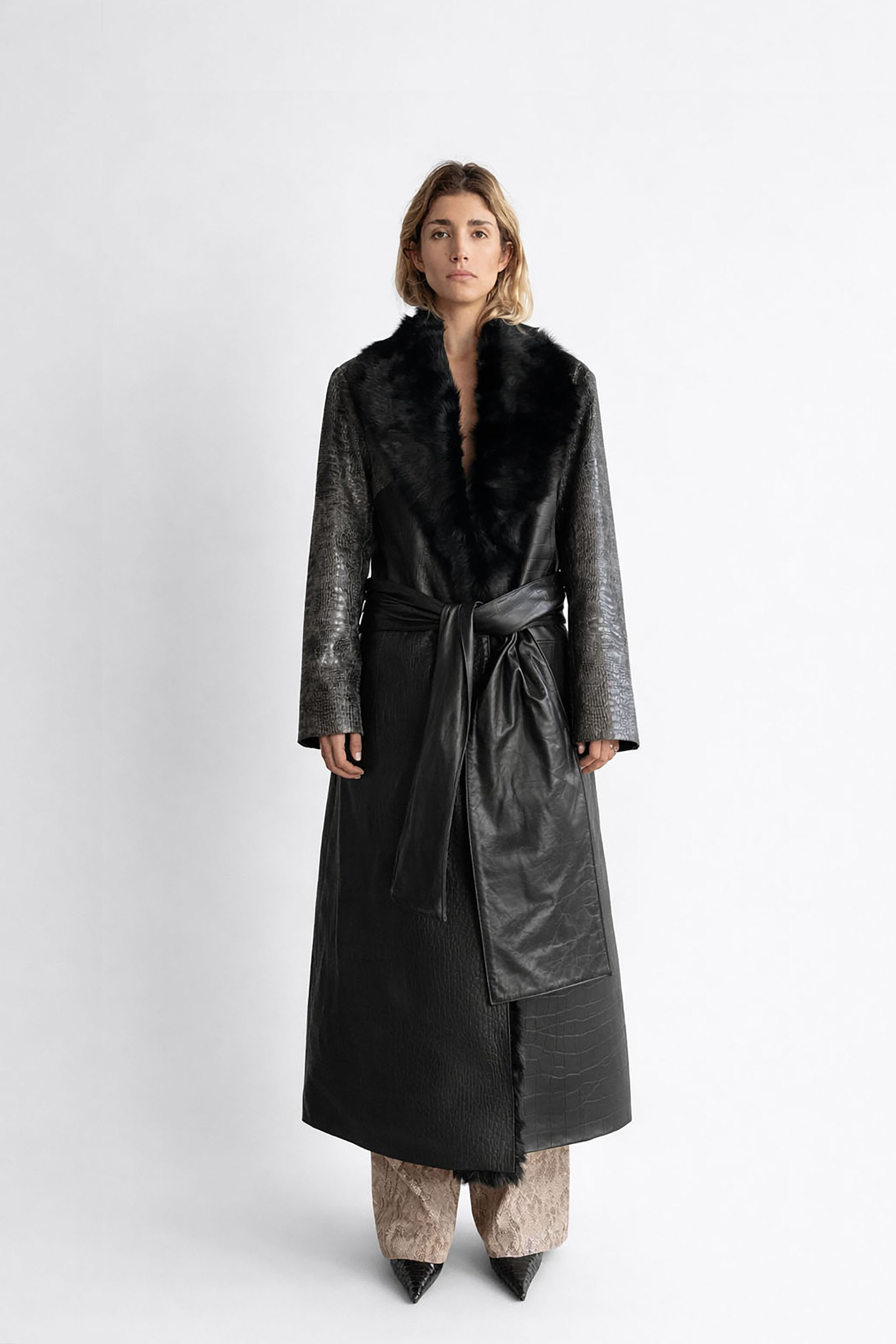 Myus Vesper Coat, two tone crocodile embossed calfskin leather, pony hair collar