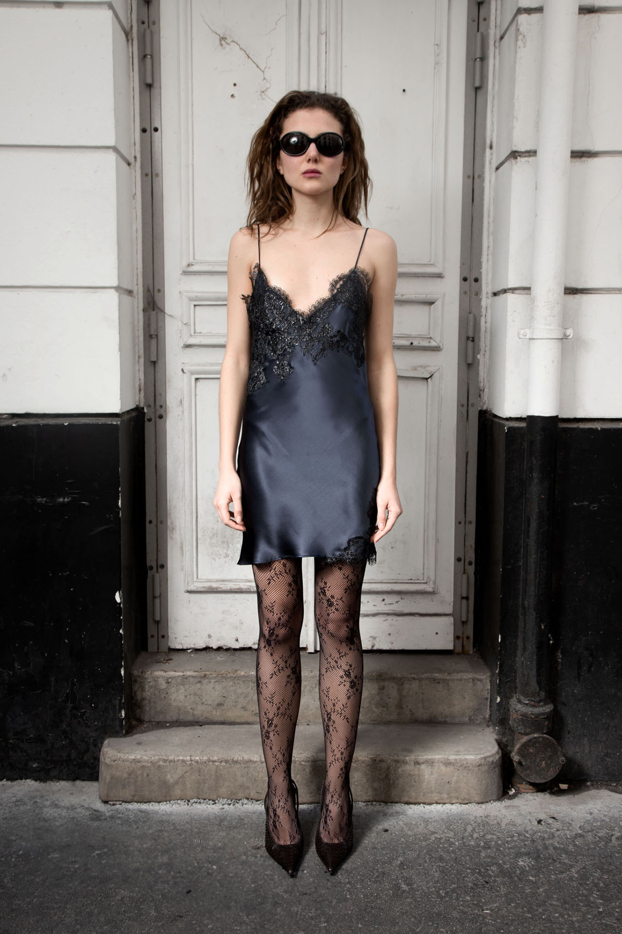 Myus Simone Slip Midi Dress, silk charmeuse and french lace